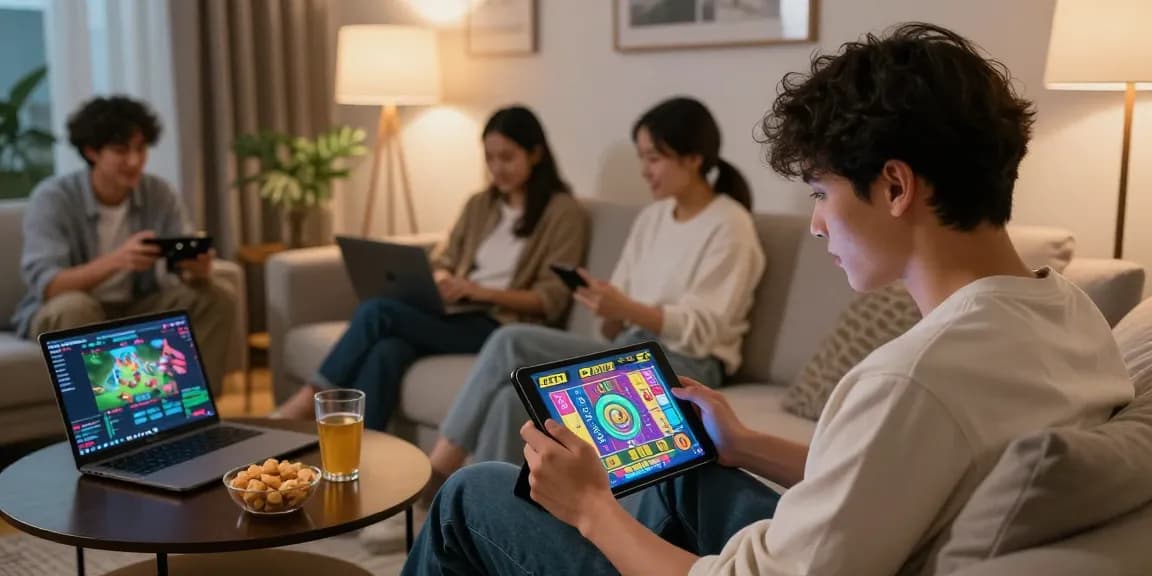 Player enjoying JZ777 games on tablet in cozy living room, vibrant graphics on screen.