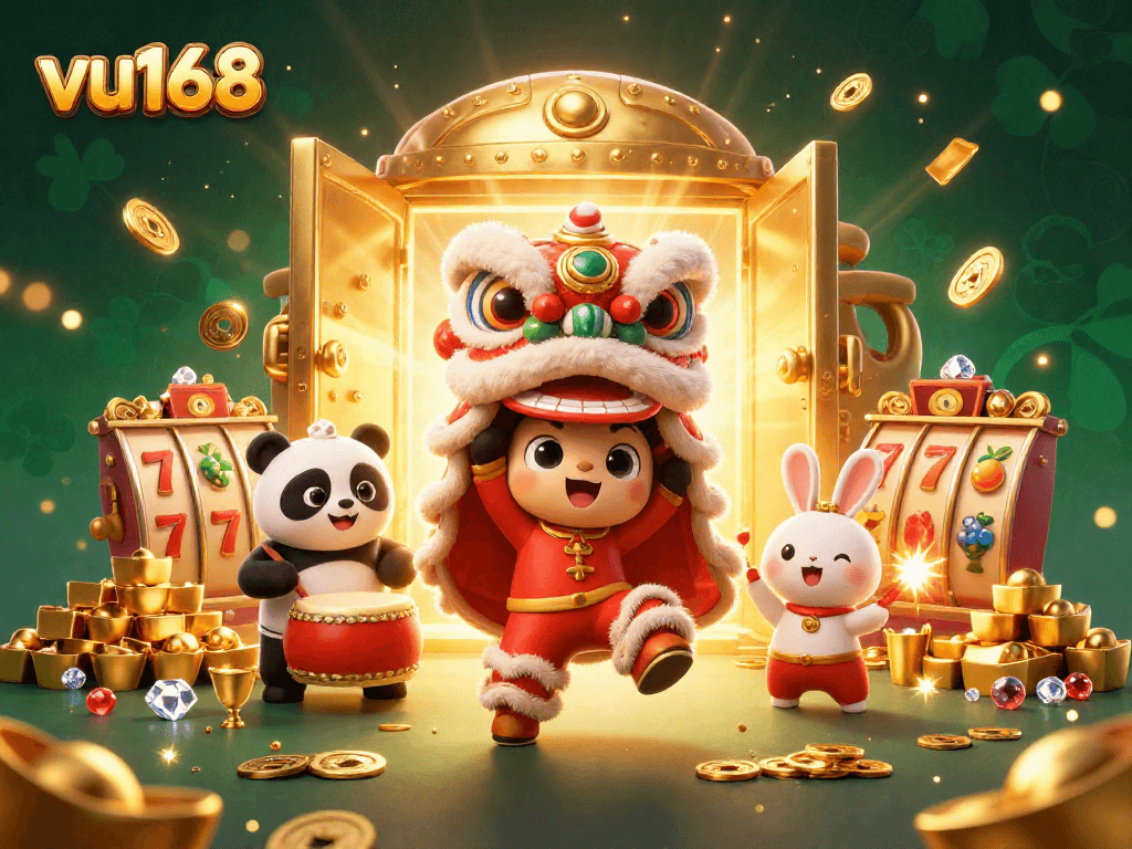 Engage in thrilling gameplay at vu168 featuring vibrant lion dance and rich casino elements.
