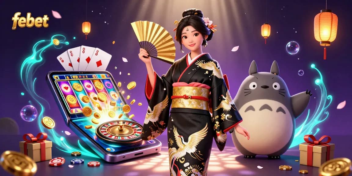 Experience the thrill of febet with an elegant Asian woman and a wise tanuki in a rich casino setting.