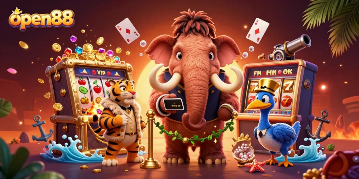Immerse in the vibrant world of open88 with dynamic casino characters and game elements in a stunning 3D illustration.