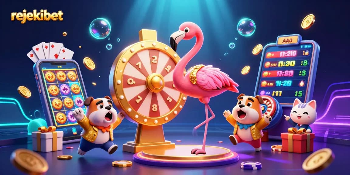rejekibet showcases vibrant gaming excitement with a flamingo host and golden prize wheel