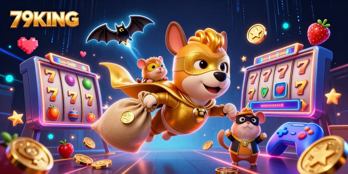 79KING showcases a superhero dog flying with gold coins in a vibrant casino-themed scene.
