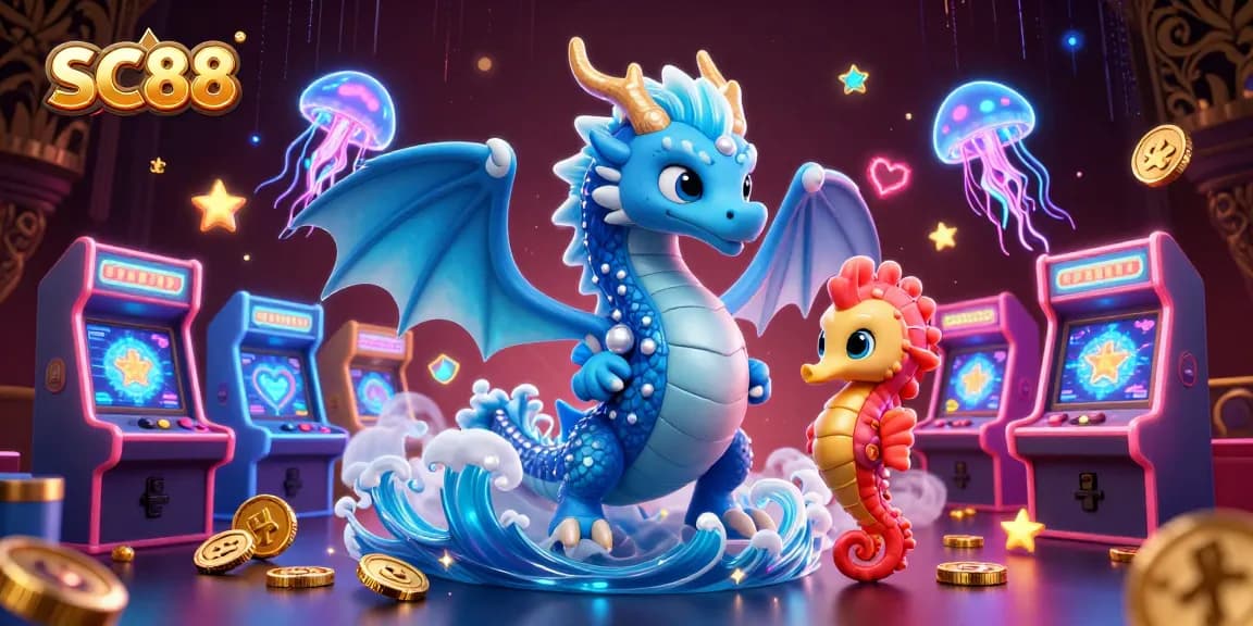 Engage in SC88 with an enchanting fantasy scene featuring a dragon, seahorse, and jellyfish amidst arcade casino elements.