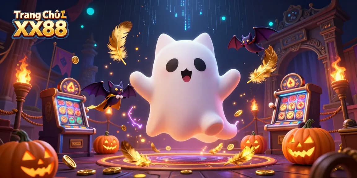 Experience Trang Chủ XX88 with a dynamic ghost cat and bat in a haunted casino scene.