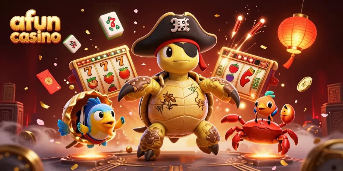 Afun casino showcases a vibrant 3D illustration of a pirate turtle and friends amid floating slot reels and treasures.