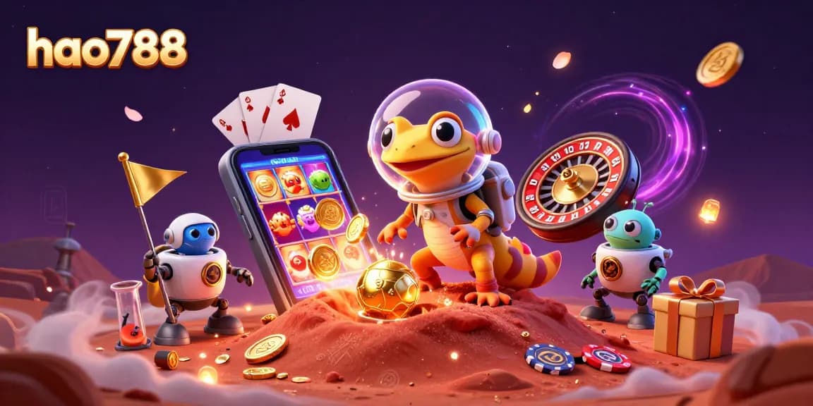 Menggambar aksi permainan slot di HAO788 dengan gecko Mars dan rover robot.