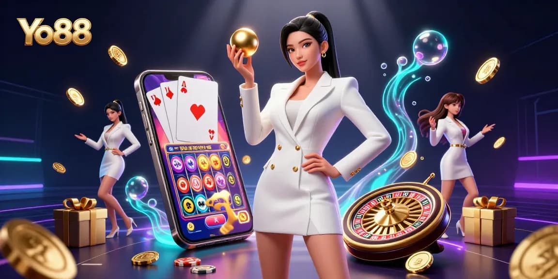 Experience the thrill of gaming with Yo88 featuring vibrant casino elements and a stunning Asian model.