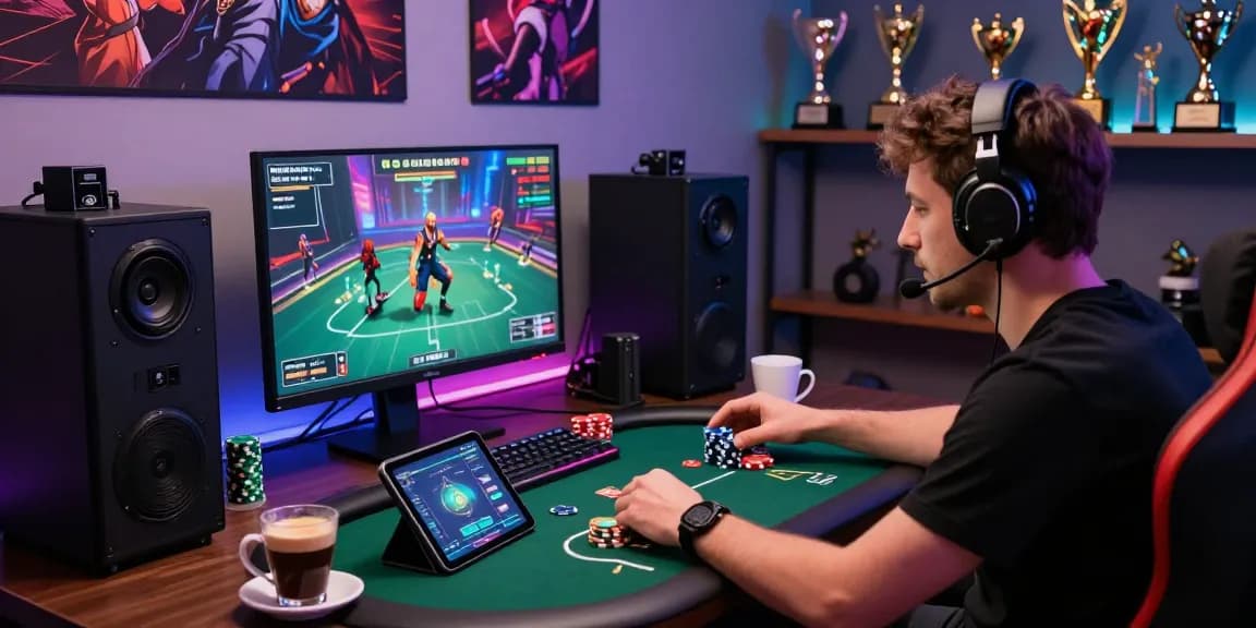 Engaging scene of a player in Daftar Domino8 poker game setup with gaming gear and vibrant atmosphere.