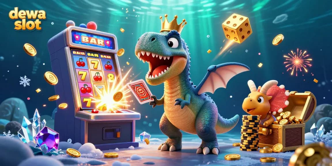 Engage with dewa slot's vibrant casino scene featuring T-Rex and pterodactyl in action.