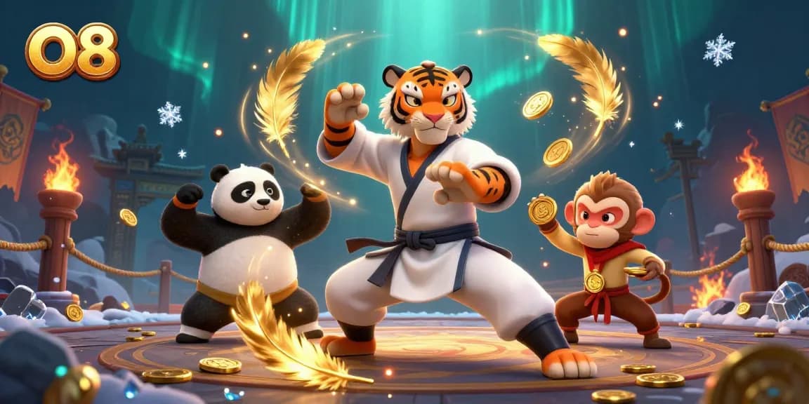 Engage in exciting gameplay with O8 featuring a kung fu tiger master surrounded by vibrant casino elements.