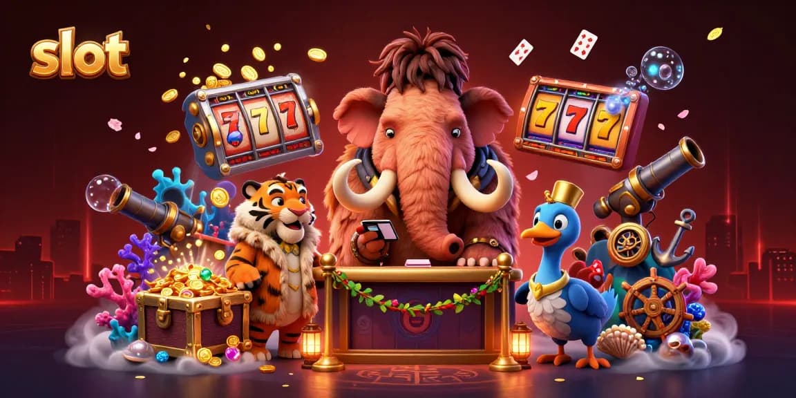 Slot menarik dengan berbagai elemen kasino, karakter lucu, dan suasana colorful yang menggoda.