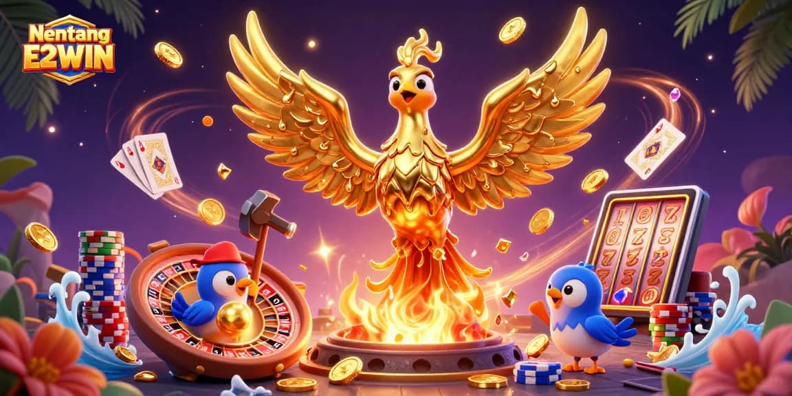 Nen tang E2WIN showcases a molten golden phoenix surrounded by vibrant casino elements.