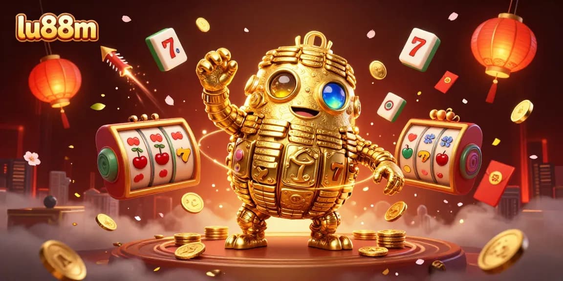 Engage with immersive gameplay at lu88m featuring rich 3D illustrations of a golden golem and vibrant casino elements.
