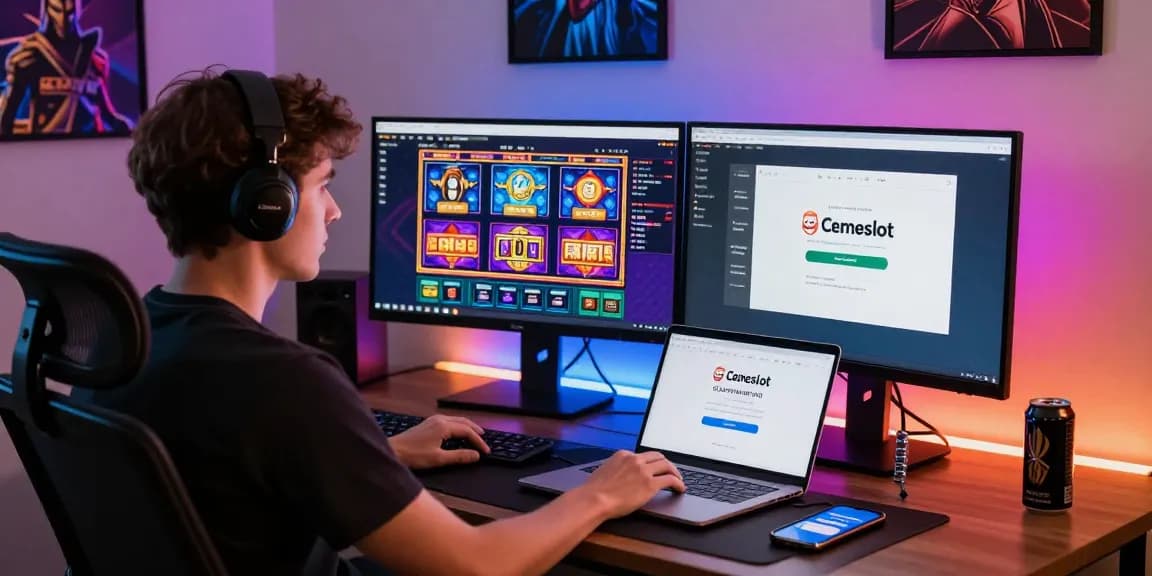 Engaged user on Cemeslot platform showcasing dynamic login and gaming experience with vibrant visuals.
