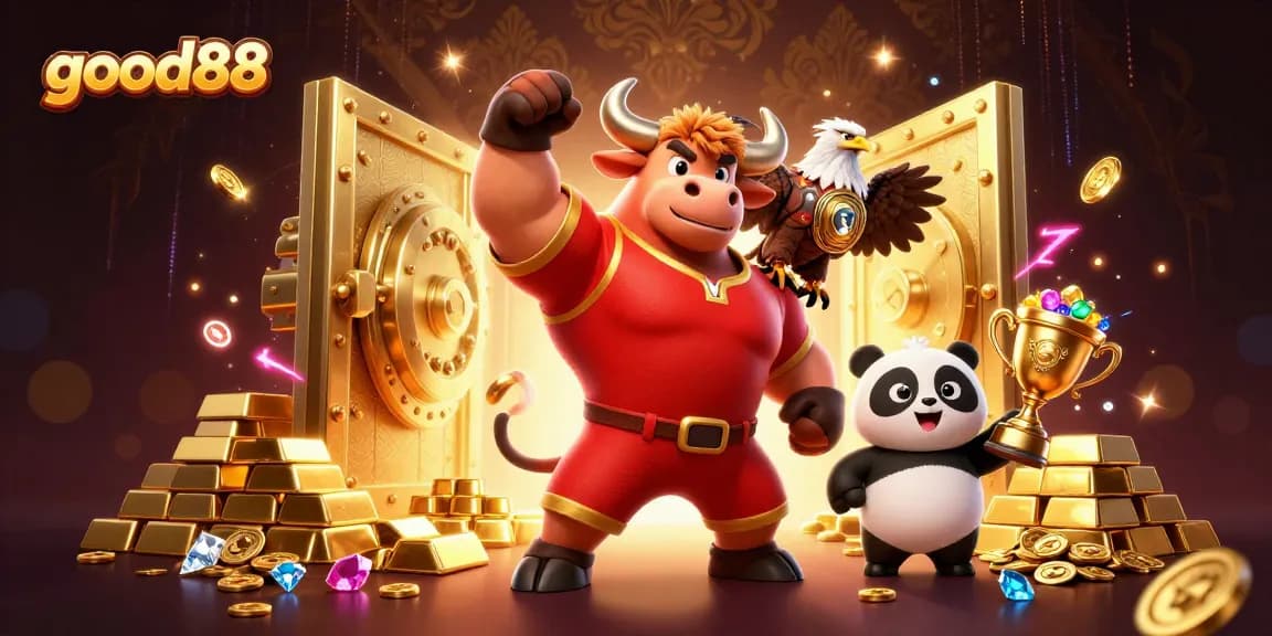 Experience excitement with good88 at a vibrant 3D casino featuring dynamic characters and treasures.