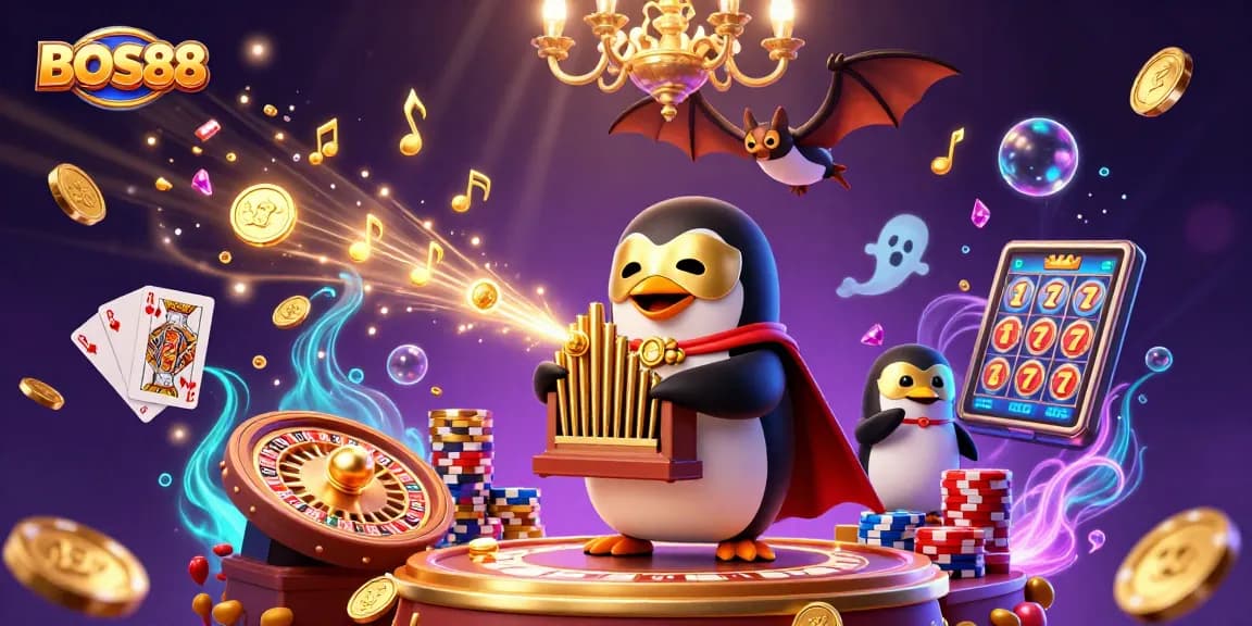 Bermain slot online BOS88 dengan suasana kasino yang penuh gemerlap koin emas dan permainan seru.