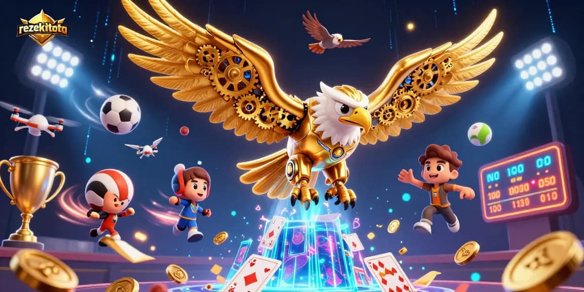 Experience thrilling gameplay at rezekitoto with immersive elements, sports balls, and golden trophies.