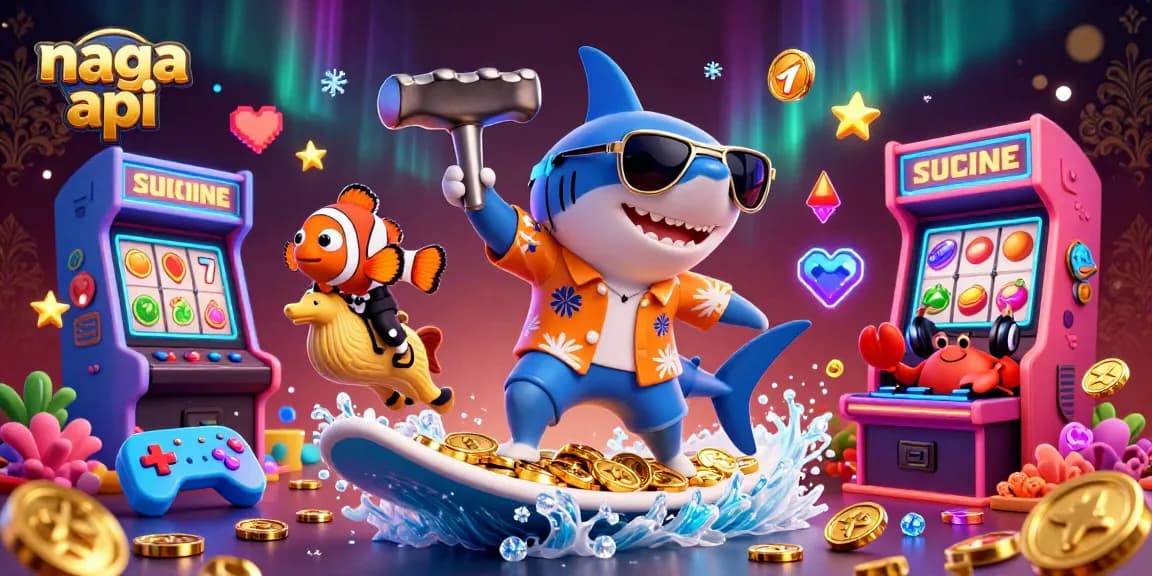 Experience the excitement of naga api with a vibrant casino scene featuring a shark, clownfish, and crab.