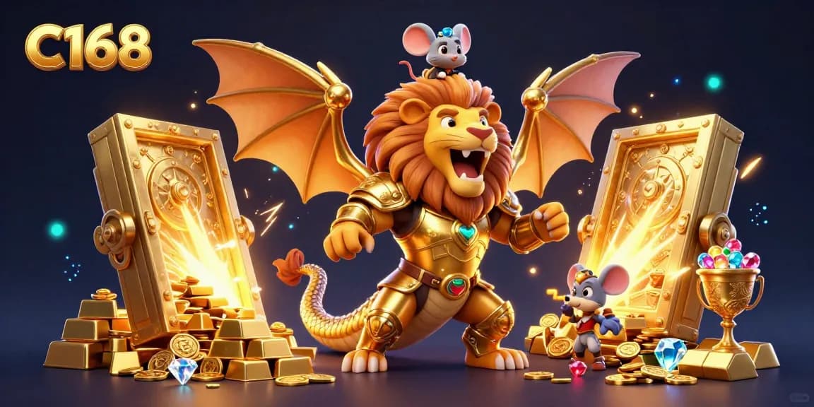 C168 features a triumphant chimera and a mouse jockey amidst a wealth of treasures in this vibrant online casino illustration.