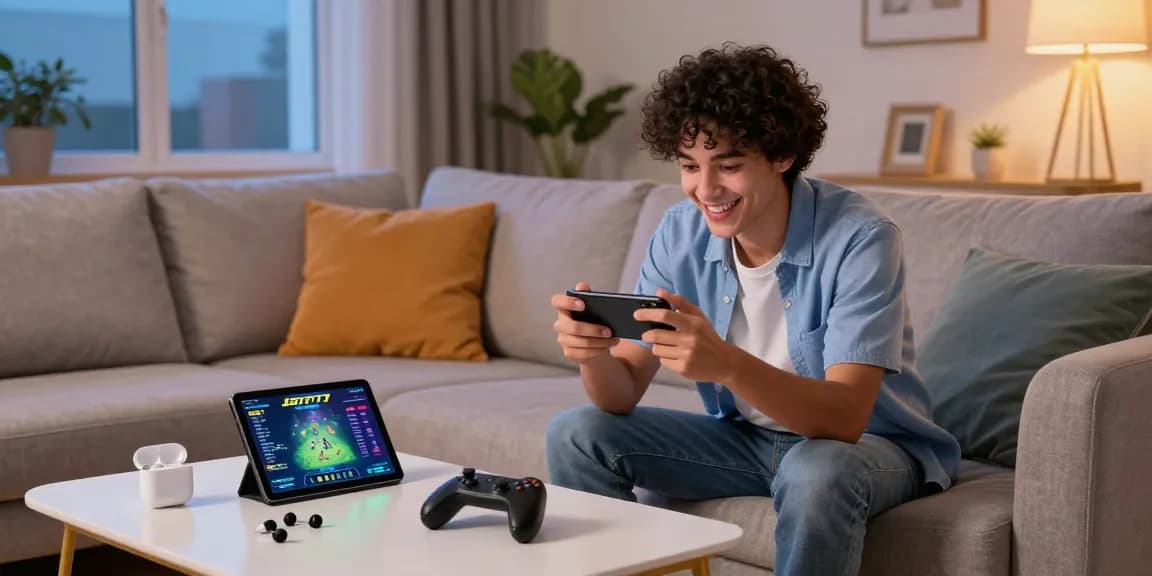 Engaged in the Jz777 Game on smartphone in a cozy living room, with gaming accessories and warm lighting.