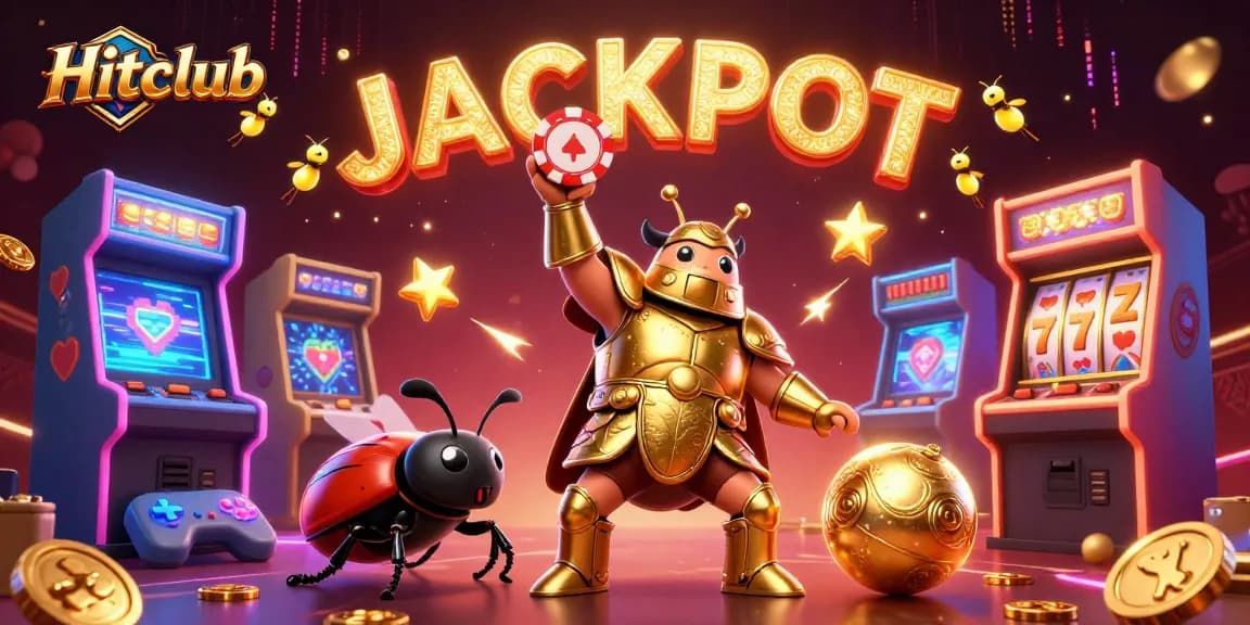 Engage with Hitclub's thrilling jackpot adventure as beetles celebrate gaming victories in a vibrant casino.