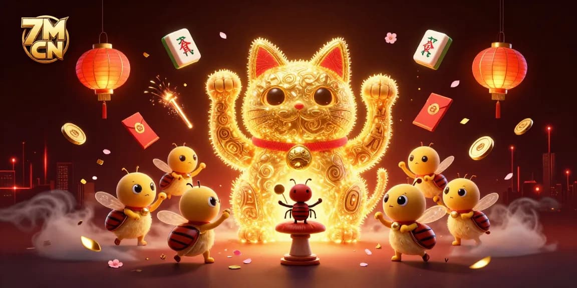 Engage with the vibrant 7M CN scene showcasing the lucky cat and conductor beetle in this dynamic casino illustration.