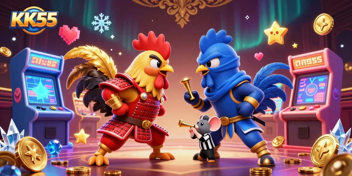 Engage in exciting gaming at KK55, featuring dynamic cartoon roosters in a thrilling showdown amidst arcade machines and casino elements.