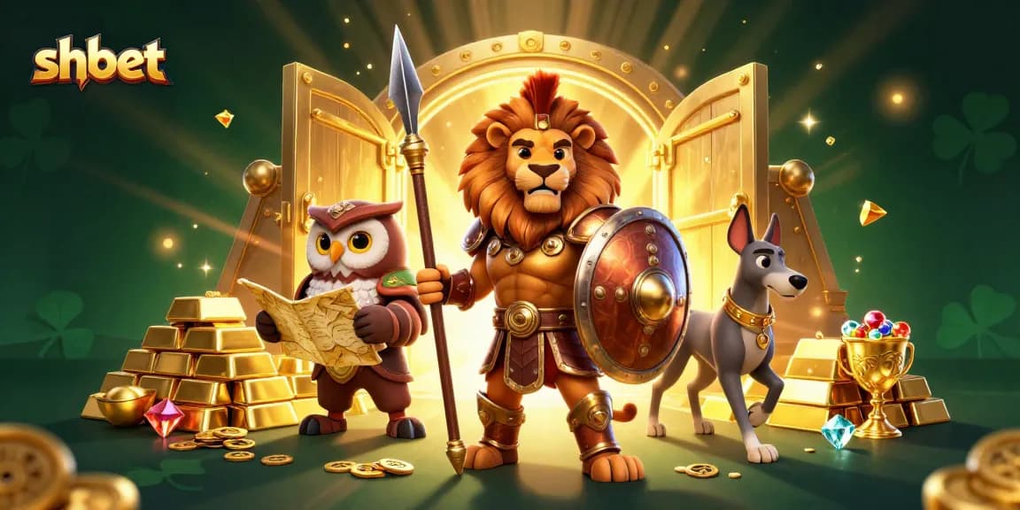 Win big at shbet with a dynamic 3D scene of a Spartan lion, tactical owl, and greyhound surrounded by shimmering treasures.