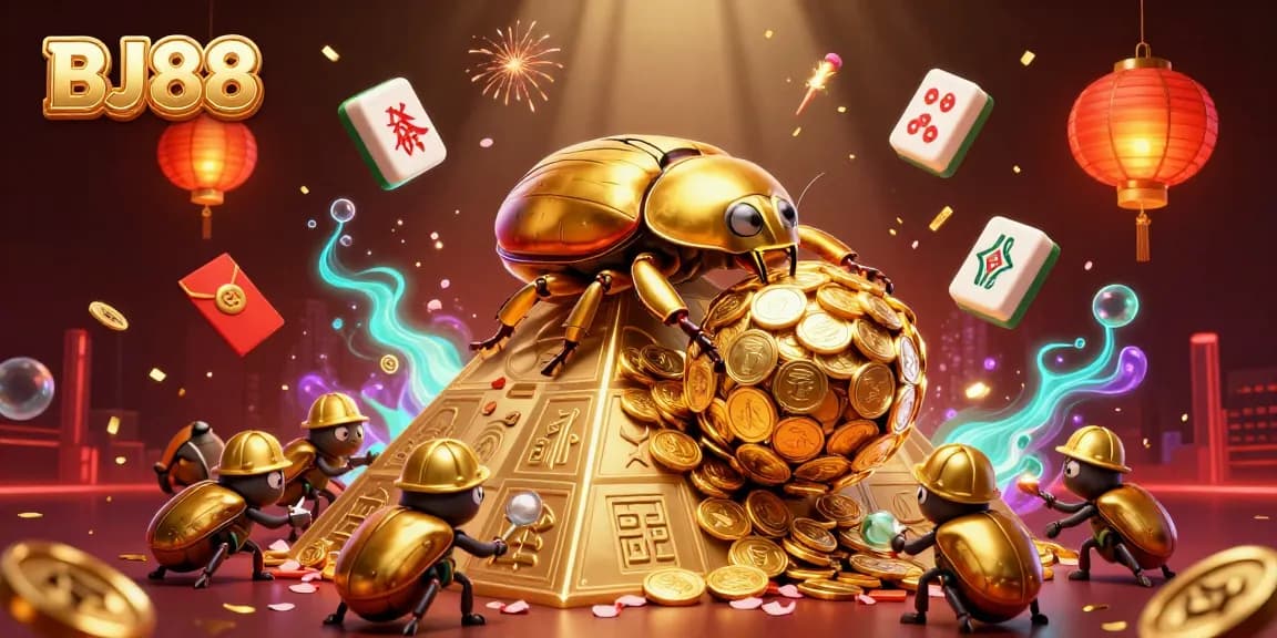 Experience engaging gameplay at BJ88 with 3D golden beetles and casino elements creating excitement.