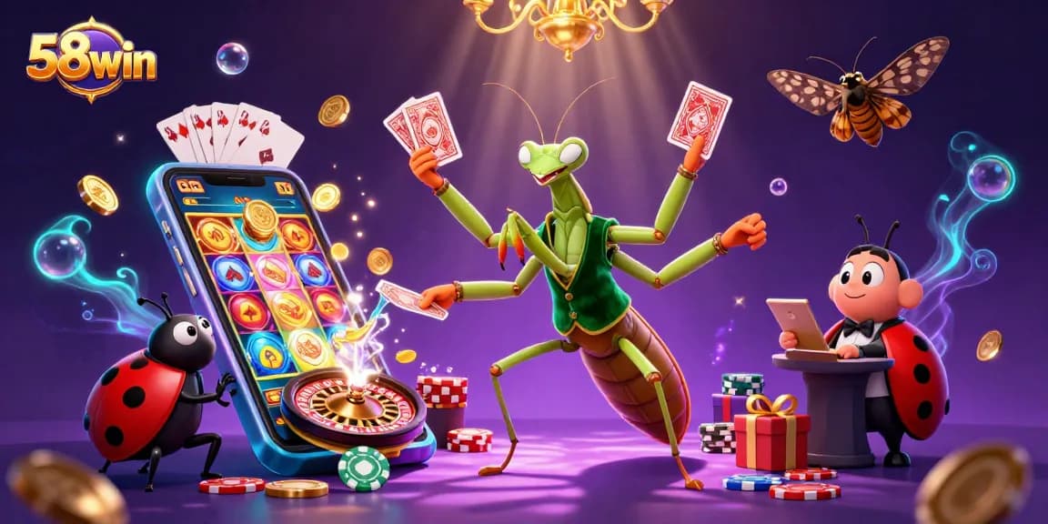 Engage with 58win's exciting digital casino scene showcasing vibrant games and characters.