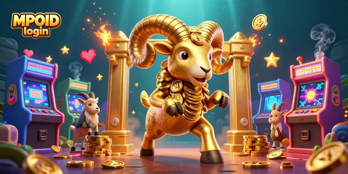 Experience the thrill of MPOID login, where a golden ram charges into a vibrant online casino world.