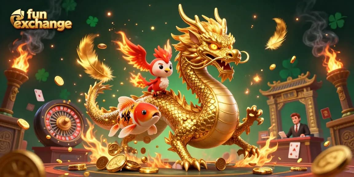 Engage in the fun exchange with a dynamic scene featuring a majestic dragon and phoenix amidst casino elements.
