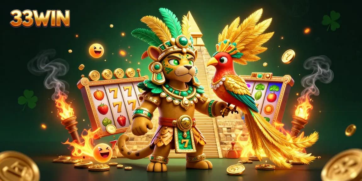 Experience 33WIN with vibrant slot machine scenes featuring Mayan jaguar priest and quetzal bird.