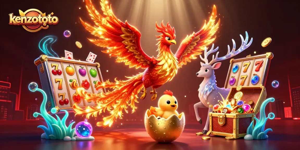 Kenzototo showcases vibrant slot games with a phoenix theme, featuring golden treasures and dynamic casino elements.
