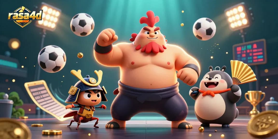 Rasa4d menghadirkan ilustrasi 3D kasino dengan ayam sumo dan pemain kriket, toko taruhan dan piala kemenangan.