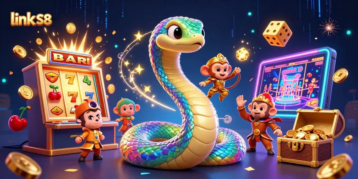 Win big at link S8 with vibrant 3D casino illustration showcasing colorful games and magical elements.