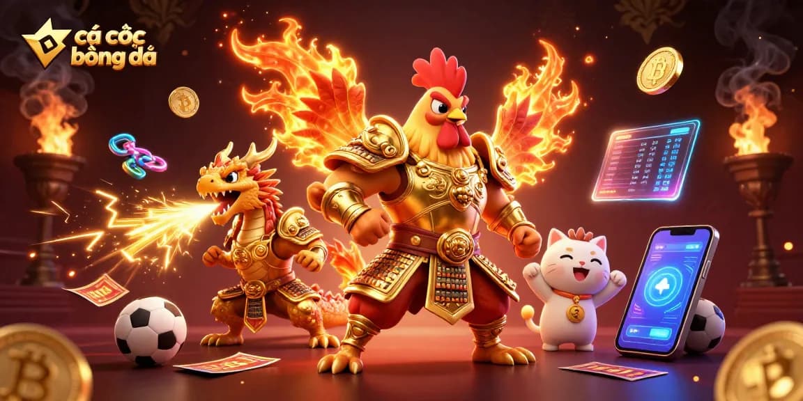 Engage in cá cược bóng đá with dynamic visual elements showcasing sports symbols, a rooster warrior, and a cheering mascot.