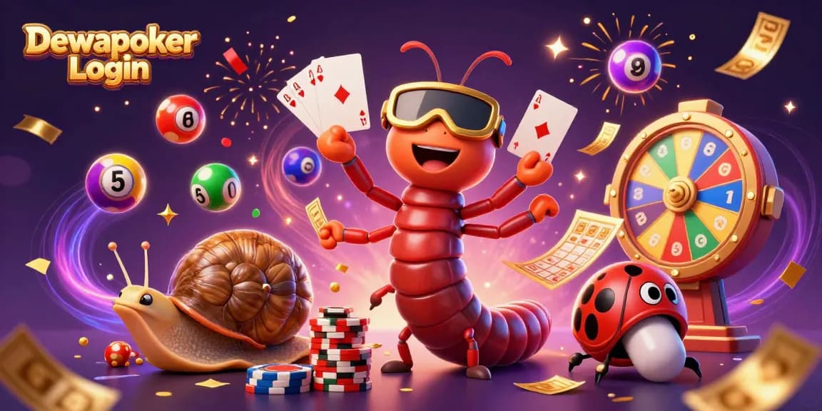 Join the vibrant fun with Dewapoker Login, where a lively dealer and high-roller interact in a colorful casino scene.