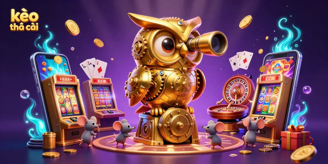 Play kèo nhà cái with a dynamic scene featuring cartoon owl and casino elements.
