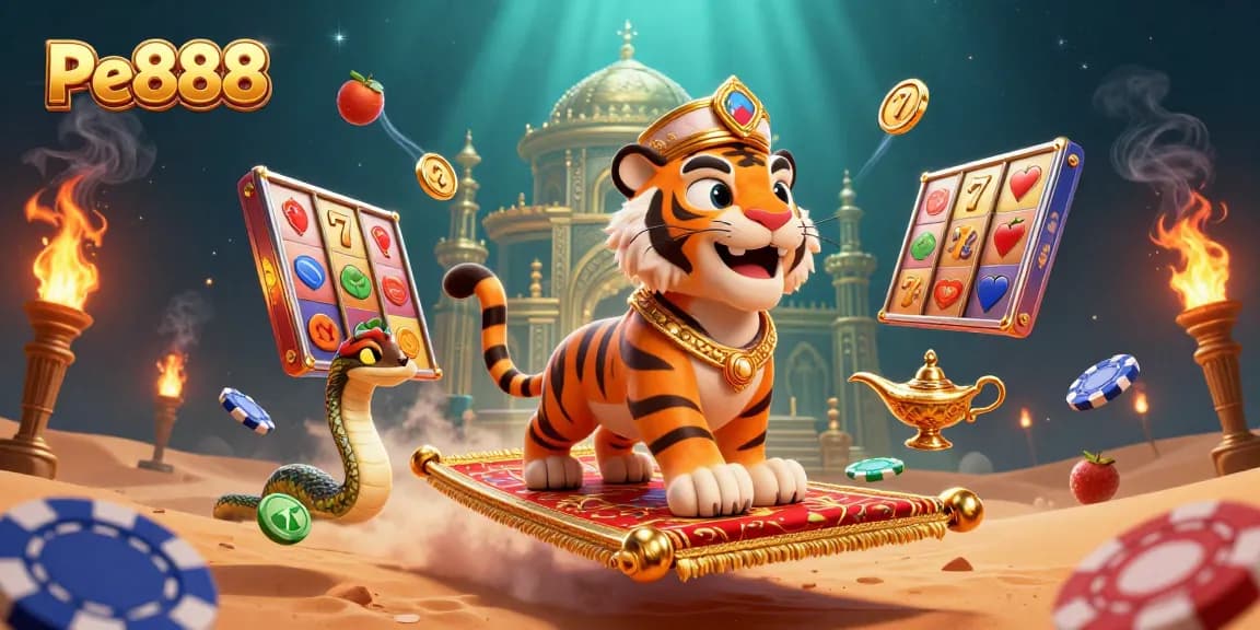 Experience the excitement of Pe888 in this vibrant 3D illustration filled with dynamic casino elements.