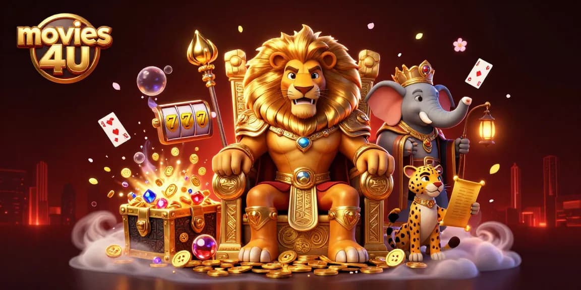 Experience thrill with movies 4u featuring vibrant lion king on a gold coin throne in a dynamic casino scene.
