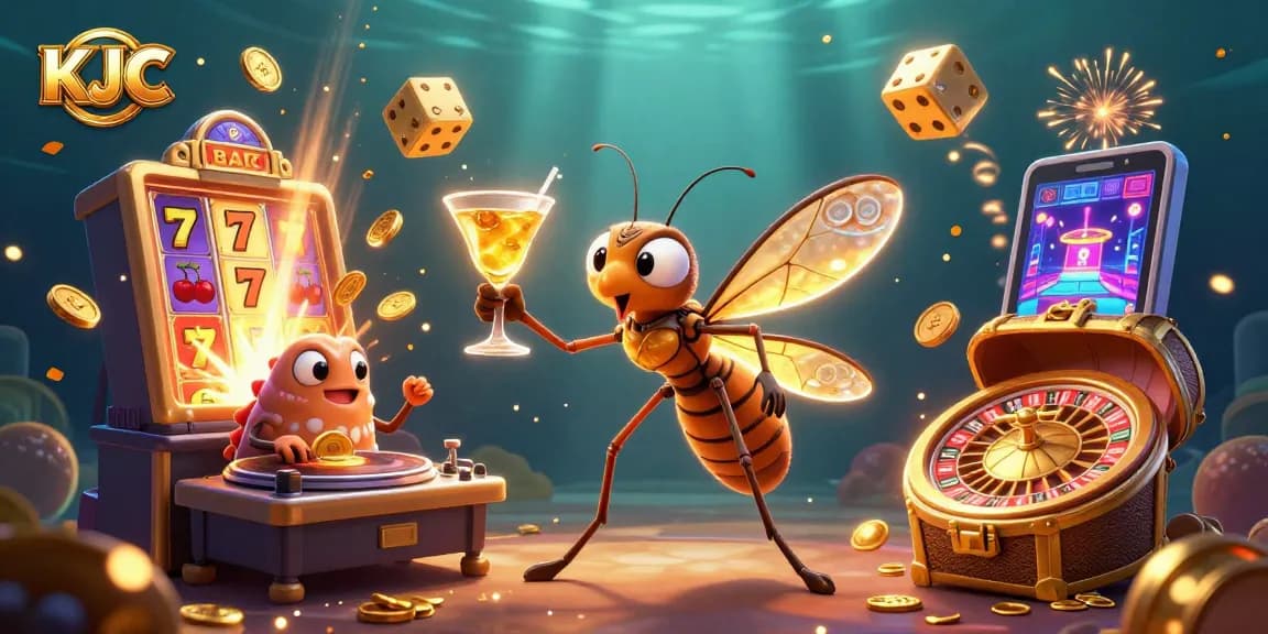 KJC casino mascot depicting a festive scene with vibrant gaming elements for players and enthusiasts.