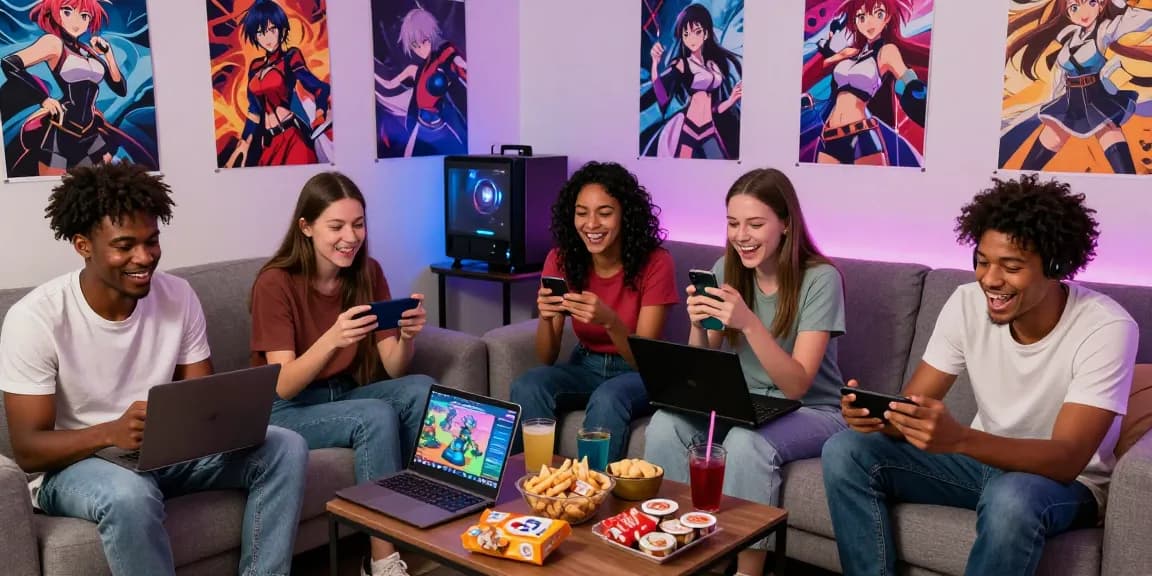 Friends playing hentai games together in a cozy living room, showcasing a fun and vibrant gaming atmosphere.