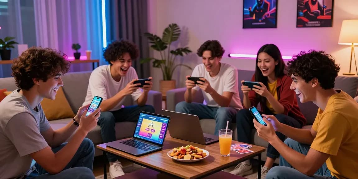 Excited group playing Free Teen Patti Gold APK on smartphones during game night.
