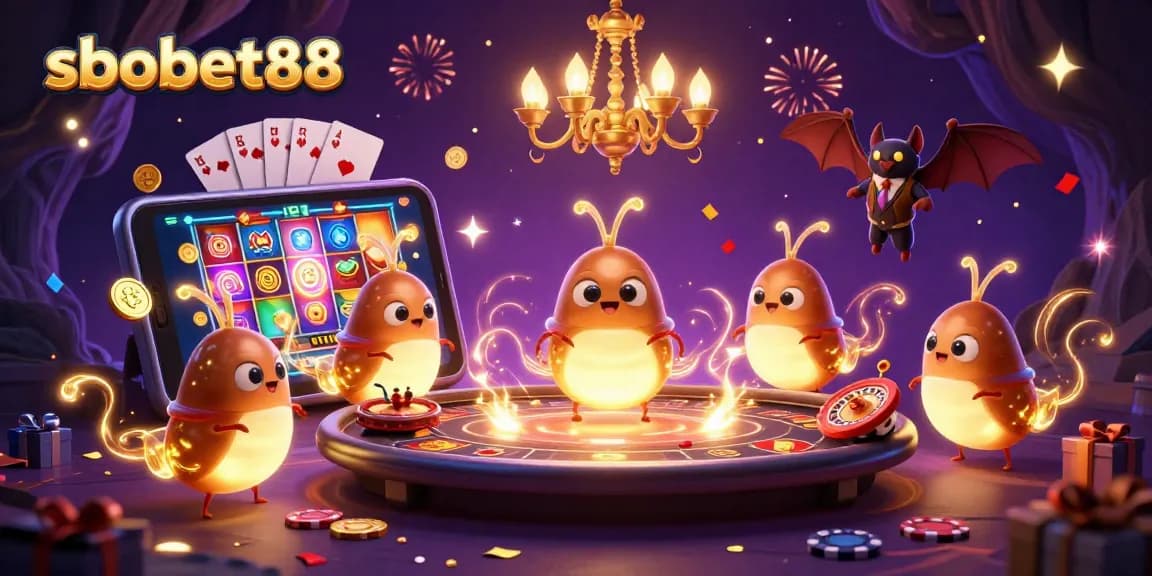 Experience sbobet88 with vibrant glowworms illuminating a lively cave casino environment.