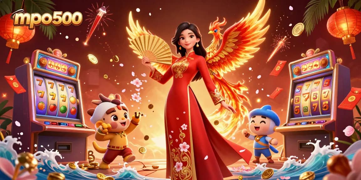 MPO500 offers thrilling slot gaming action with dynamic visuals featuring vibrant characters and lucky symbols.