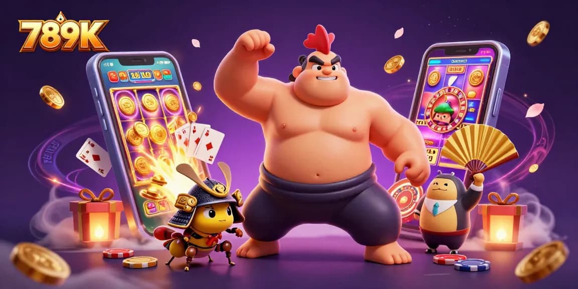 Experience the excitement of 789K online as sumo rooster and samurai cricket engage in a vibrant casino world.