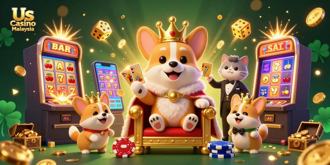 Experience Us Casino Malaysia with a vibrant scene of winning, golden treasures, and animated characters.