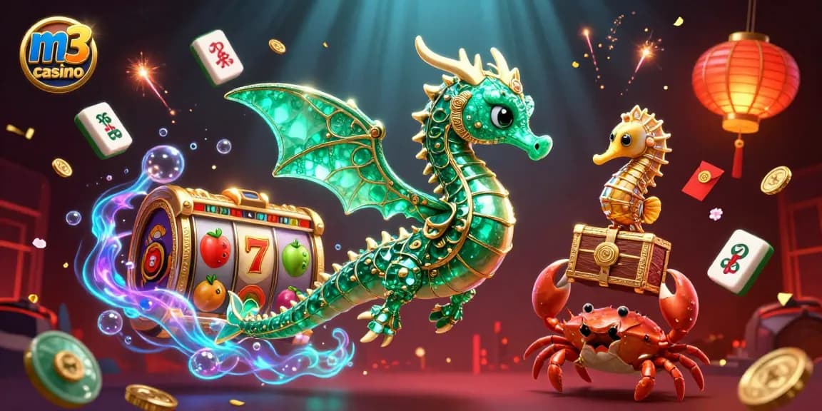 Pursue thrilling wins at m3 casino featuring a magical sea dragon, vibrant slot reels, and energetic gameplay elements.