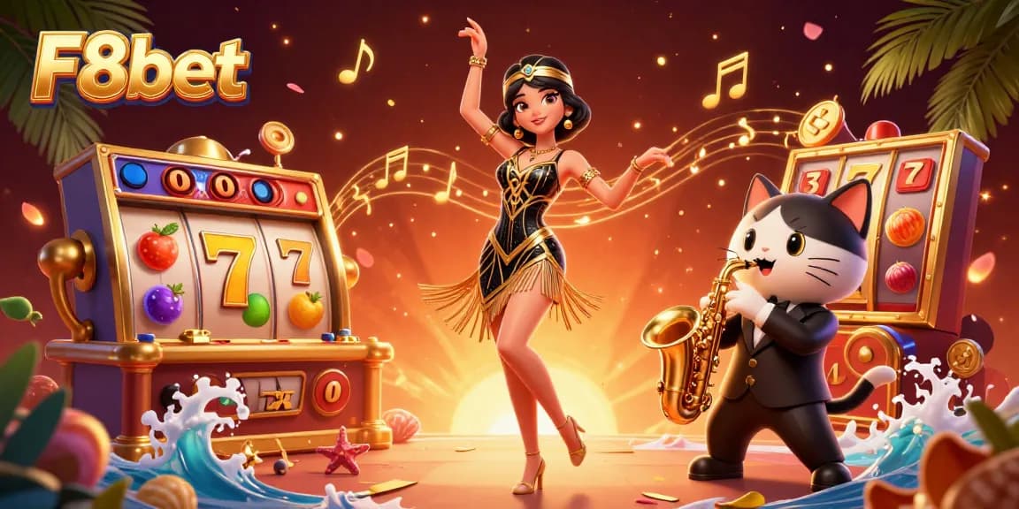 Experience the thrill of F8bet with engaging slots and colorful characters in an exciting casino scene.